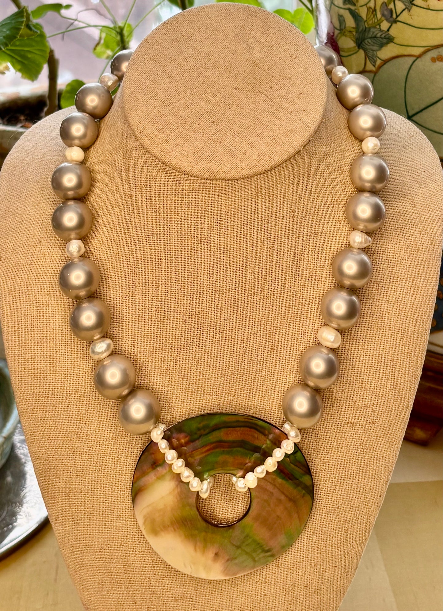 Grey Glass Pearl Statement Necklace with Abalone Shell Donut Pendant