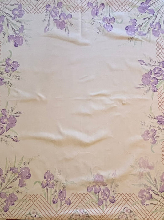 Vintage Floral Tablecloth | Purple Iris & Lattice Border | Mid-Century Cotton Blend | 45 x 52