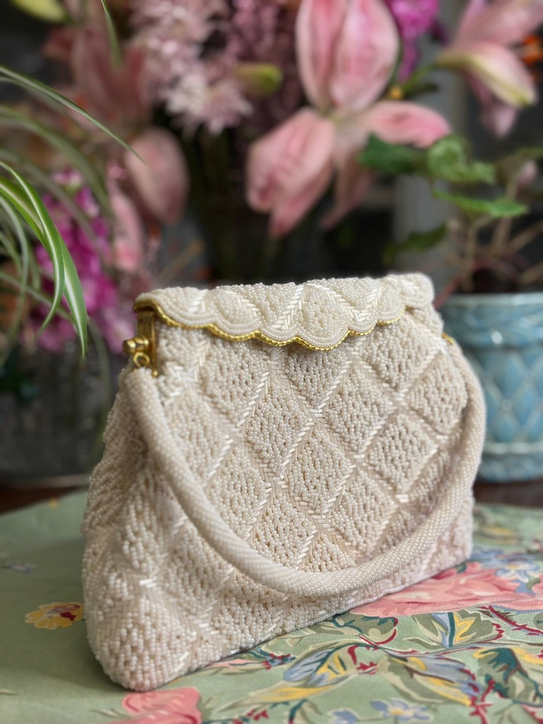 Vintage Ivory Beaded Evening Bag | Bugle Bead Chevron Pattern | Scalloped Pearl Flap | Mid-Century Formal Purse