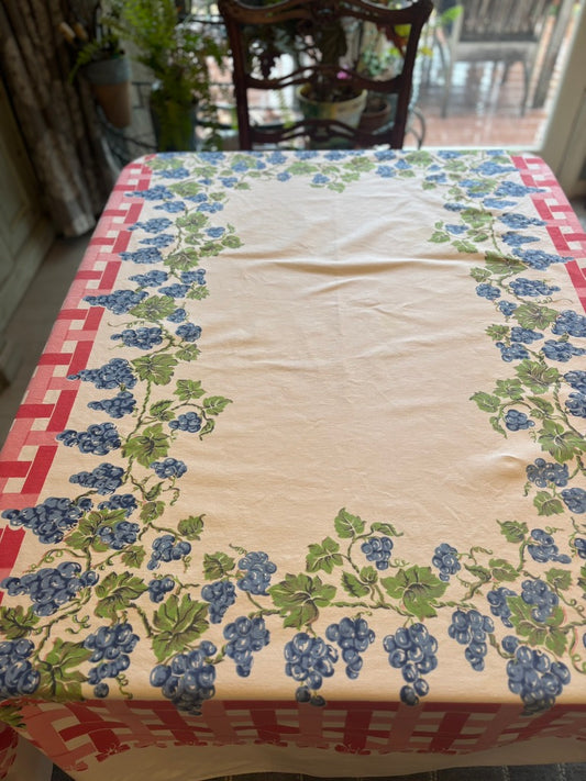 Vintage Tablecloth & Napkin Set | Red Lattice & Floral Border | Mid-Century Cotton | 56 x 72 with 8 Napkins