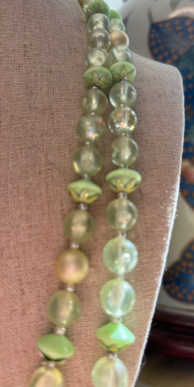 Vintage Mid-Century Double Strand Lucite Necklace – Celadon Green & Champagne Pearl Beads, Hong Kong