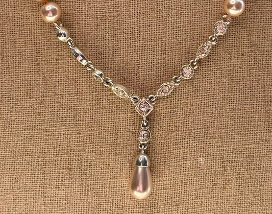 Vintage Champagne Faux Pearl Necklace with Rhinestone Drop Pendant