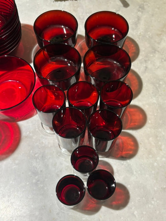 Vintage Ruby Red Glassware Lot 35 Pieces Arcoroc Luminarc Glasses Bowls Coupes Vase