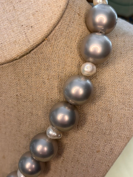 Grey Glass Pearl Statement Necklace with Abalone Shell Donut Pendant