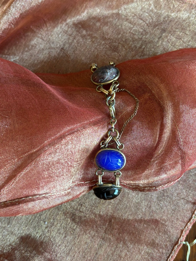 Vintage Egyptian Revival Scarab Bracelet Mixed Stone Cabochons Gold Tone 7”