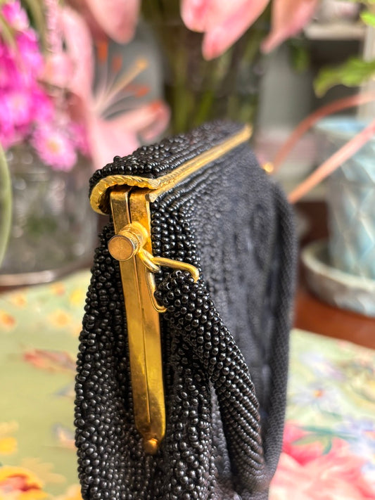 Vintage Black Glass Beaded Evening Bag | Leaf Motif | Gold Frame Top Handle | 1960s Cocktail Purse