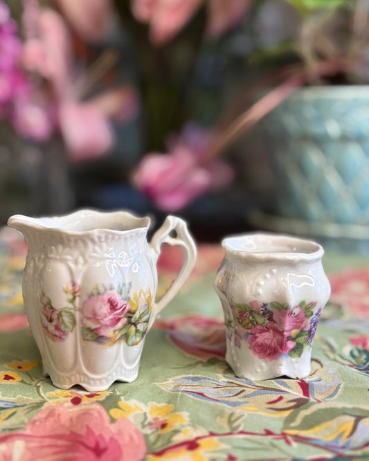 Vintage Mini Creamer & Sugar Set | Floral Porcelain | Made in Bavaria Germany | Embossed Relief