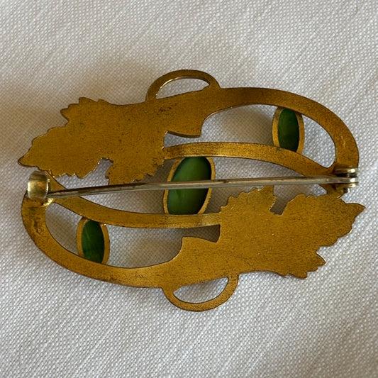 Vintage Art Nouveau Revival Brooch Pin | Green Glass Cabochons | Gilt Brass Botanical Design | 1930s 1940s