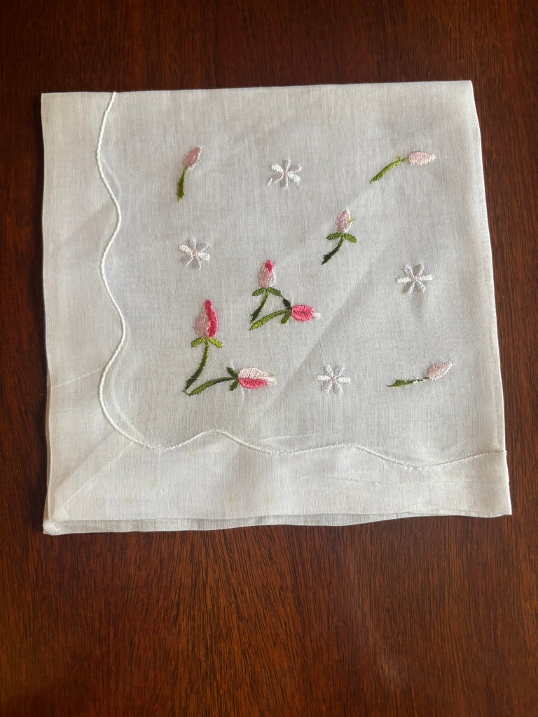 Vintage Handkerchief & Small Napkin Set (4) | Floral Prints & Crocheted Edge | Mid-Century Cotton & Linen