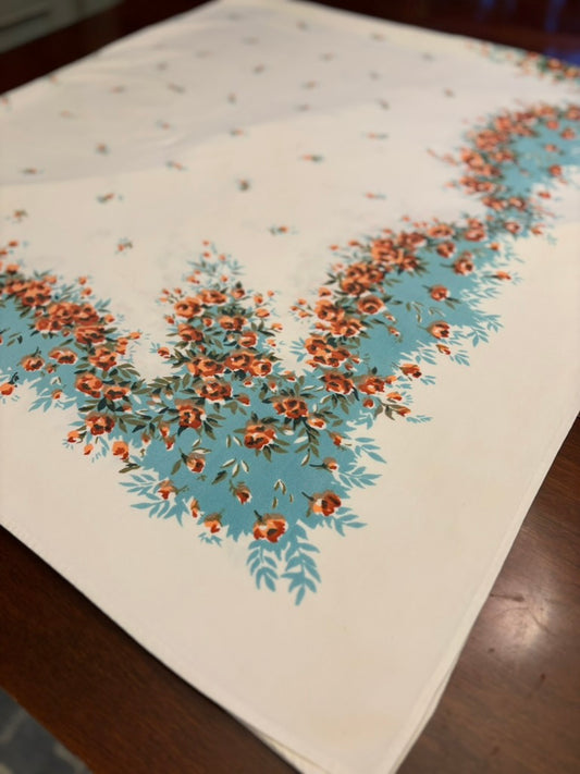 Vintage Floral Tablecloth | Turquoise Ribbon Garland with Coral Roses | Mid-Century Cottage Style | 52 x 60