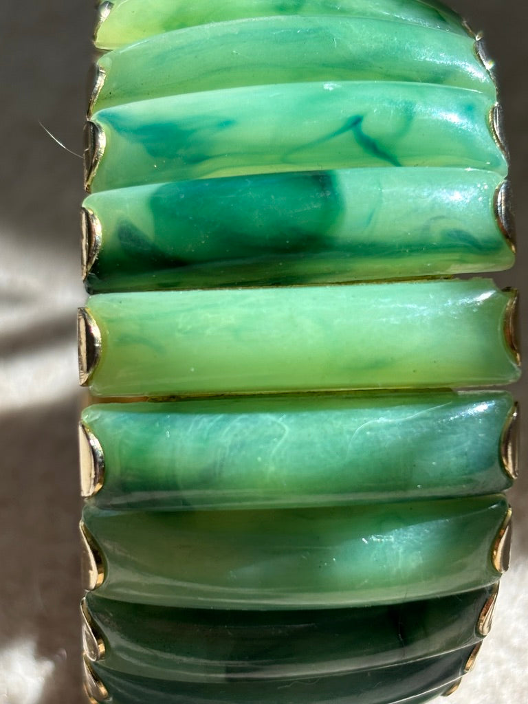 Vintage Hong Kong Jade-Look Lucite Link Bracelet | Mid-Century Gold Tone Statement