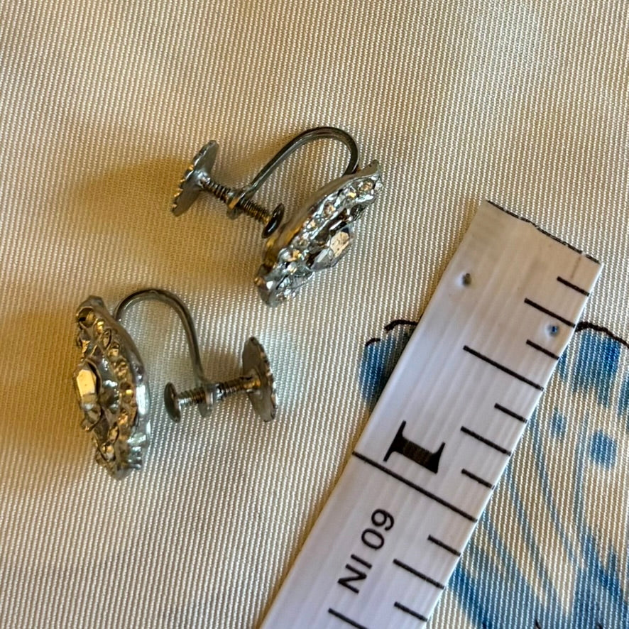 Vintage 1950s Rhinestone Screw Back Earrings | Petite Silver Tone Mid-Century Sparkle