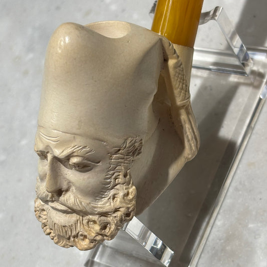 Vintage Turkish Block Meerschaum Figural Pipe Sultan Head 6" Unsmoked Look