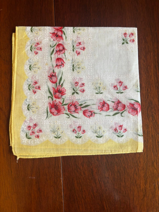 Vintage Handkerchief & Small Napkin Set (4) | Floral Prints & Crocheted Edge | Mid-Century Cotton & Linen