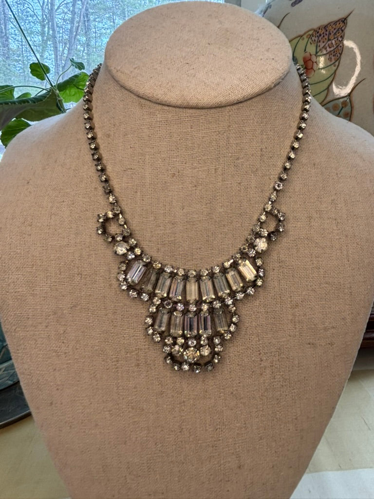 Vintage 1950s Rhinestone Bib Necklace Silver Tone Baguette Statement Glam