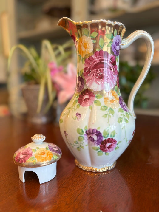 Antique Hand-Painted Porcelain Chocolate Pot • Floral Gilt European Decor • 11” Tall