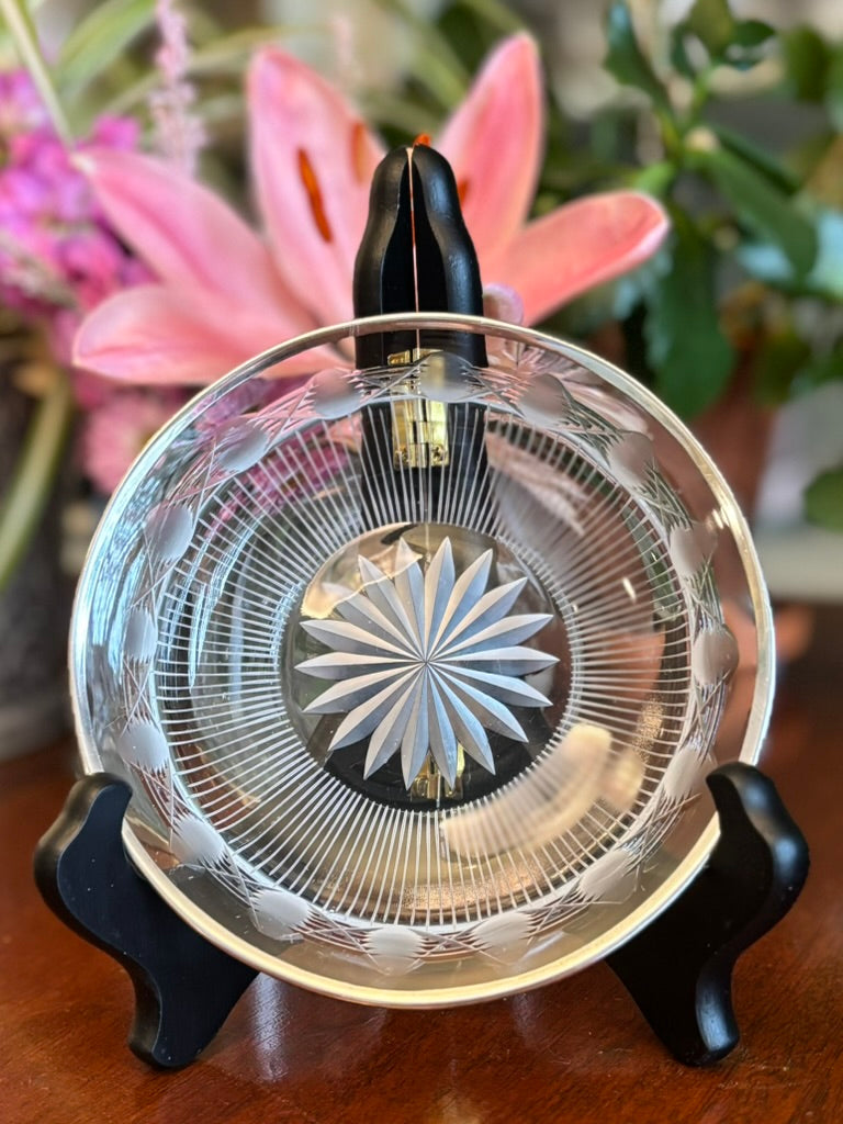 Vintage Cut Crystal Wine Coaster with Silverplate Rim • Starburst Base • 5.25” Elegant Barware