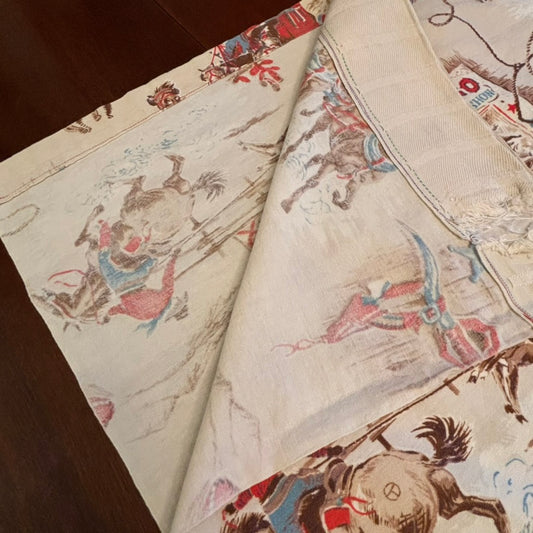 Vintage Western Americana Textile Bundle | Rodeo Panel + Southwestern Café Curtains | Mid-Century Novelty Cotton Set