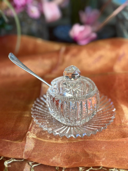 Vintage Cut Glass Condiment Set – Lidded Jar & Relish Dish Starburst Pattern