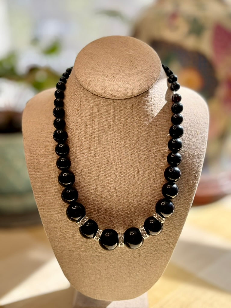 Black Graduated Bead Necklace with Rhinestone Spacers
