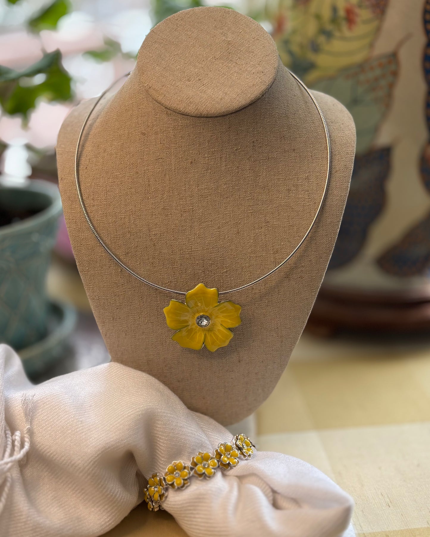 Vintage Yellow Enamel Floral Jewelry Set | Necklace, Bracelet & Earrings | Mid-Century Rhinestone Parure