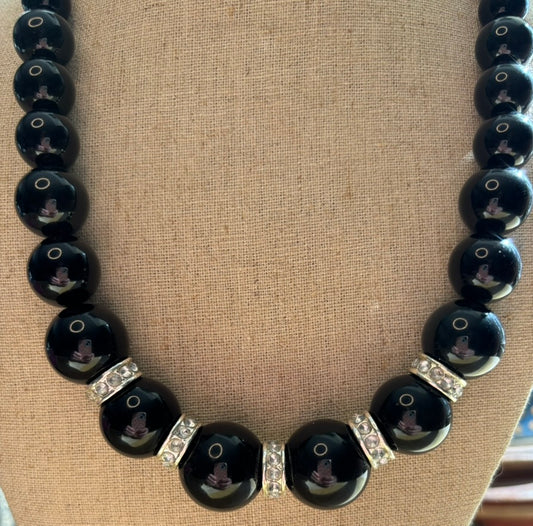 Black Graduated Bead Necklace with Rhinestone Spacers