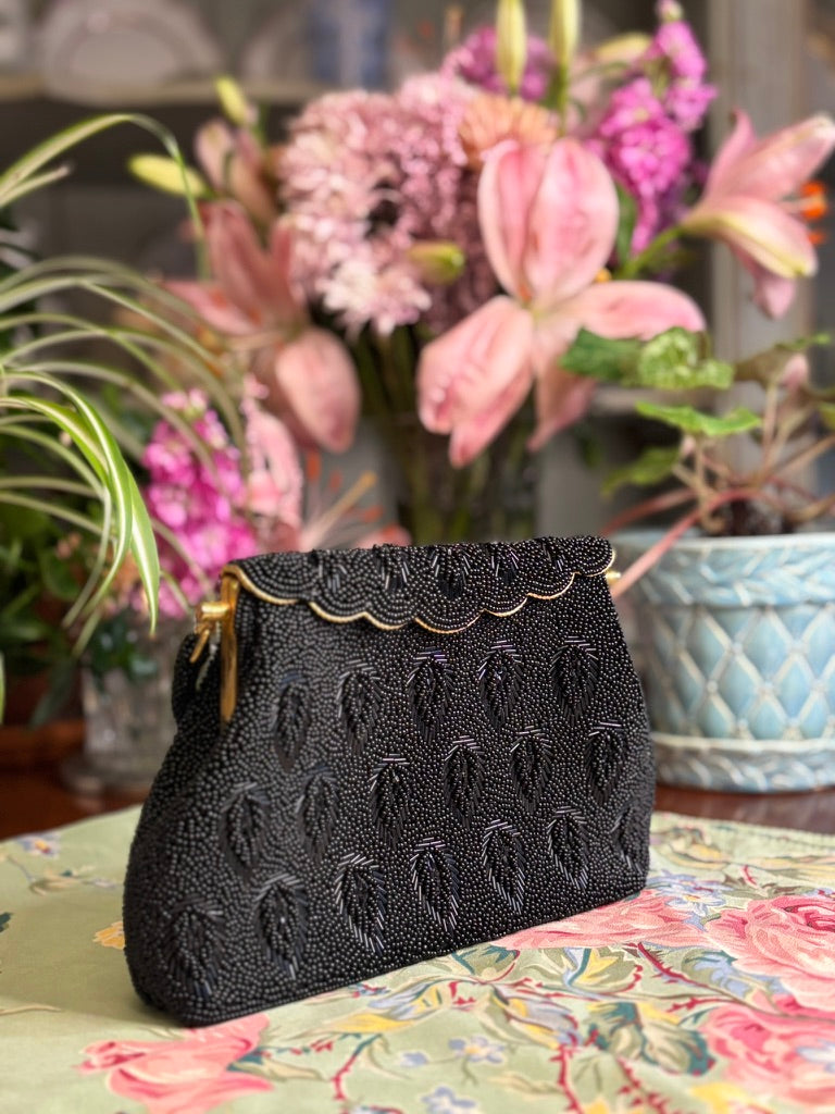 Vintage Black Glass Beaded Evening Bag | Leaf Motif | Gold Frame Top Handle | 1960s Cocktail Purse
