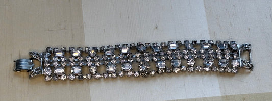Vintage 1950s Rhinestone Statement Bracelet | Wide Silver Tone Crystal Glamour