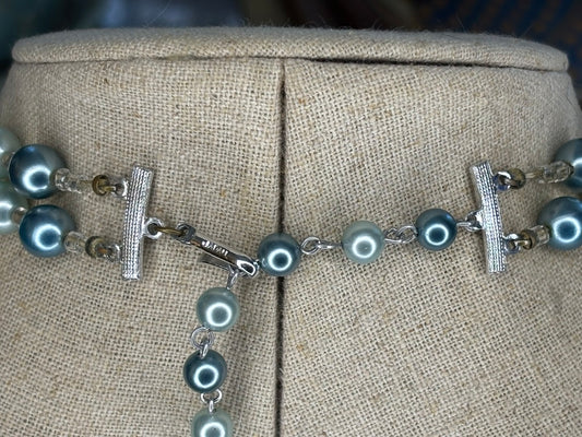 Vintage Japanese Double Strand Faux Pearl Necklace in Seafoam and Teal