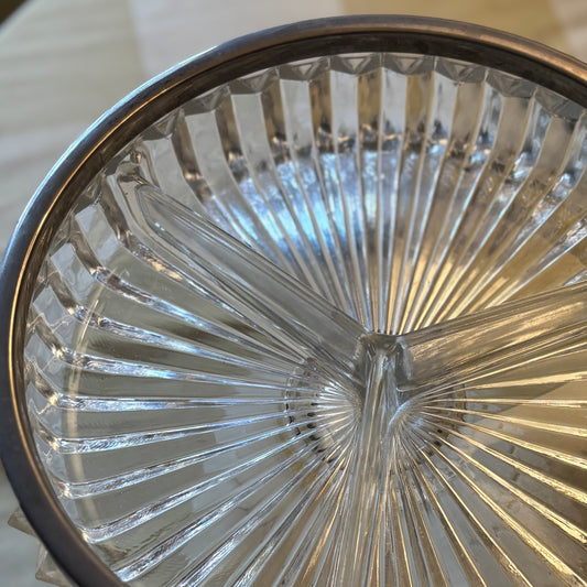 Large Heavy Pressed Glass Divided Relish Dish with Patinated Metal Rim