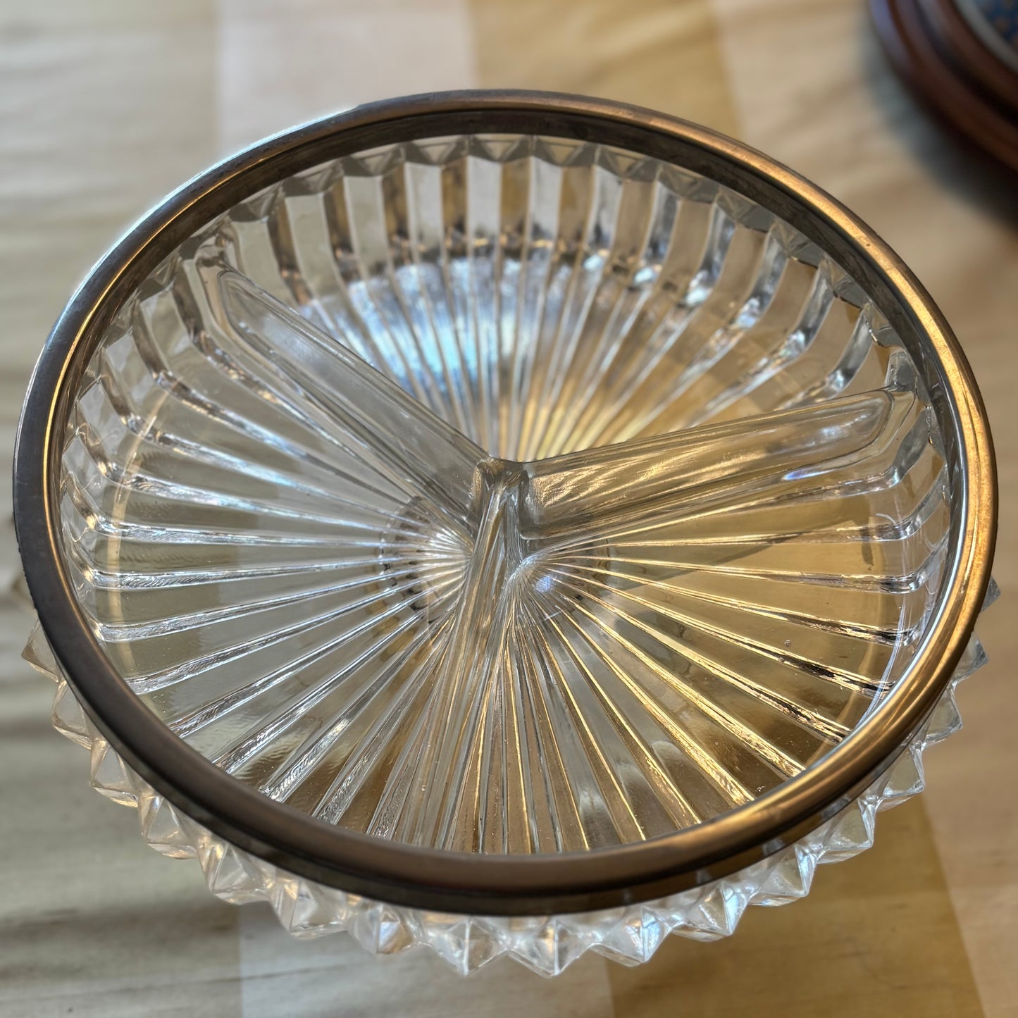 Large Heavy Pressed Glass Divided Relish Dish with Patinated Metal Rim