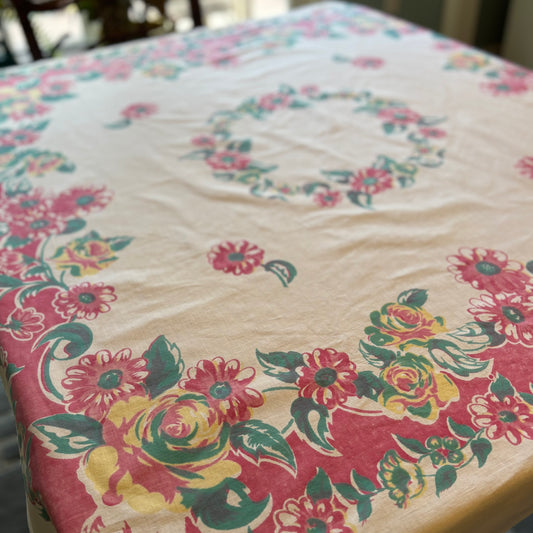 Vintage Floral Tablecloth | Cottage Garden Border with Central Wreath | Soft Washed Cotton