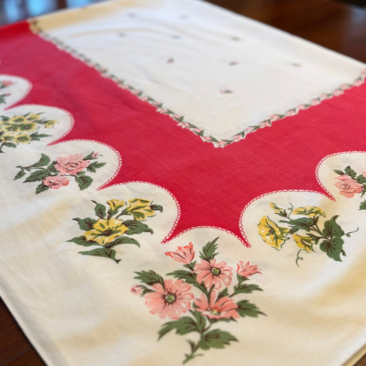 Vintage Floral Tablecloth | Red Scalloped Border with Cottage Garden Bouquets | Mid-Century Printed Linen | 50 x 61