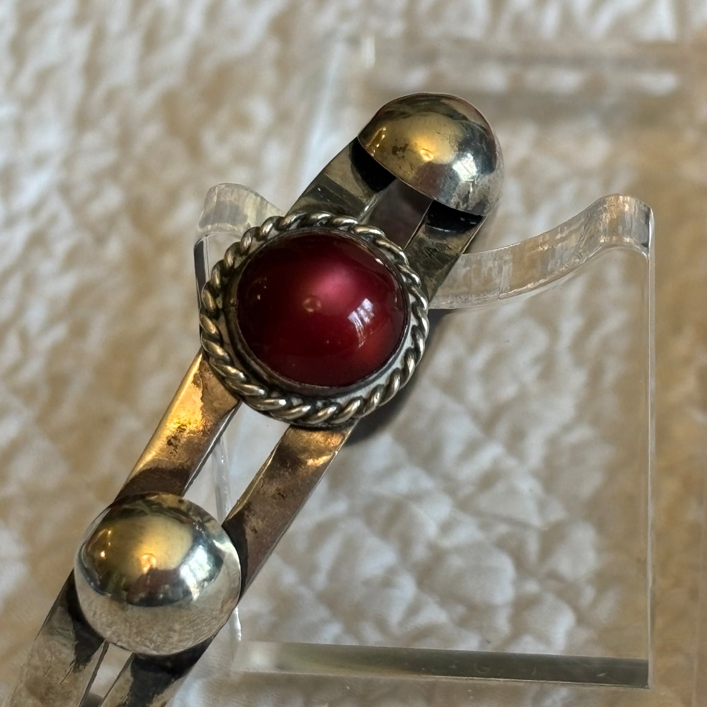 Vintage Child’s Bracelet Pair | Sterling Red Cabochon & Silver-Tone Hinged Cuff Duo