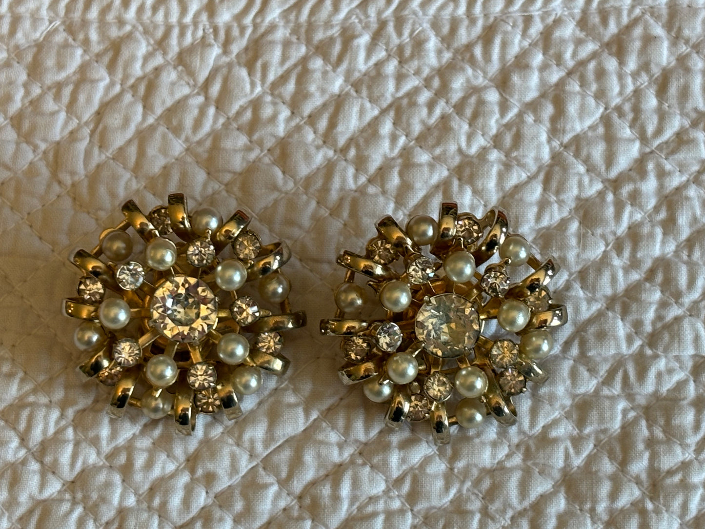 Vintage Rhinestone & Faux Pearl Clip Earrings | Mid-Century Starburst Design | Gold Tone