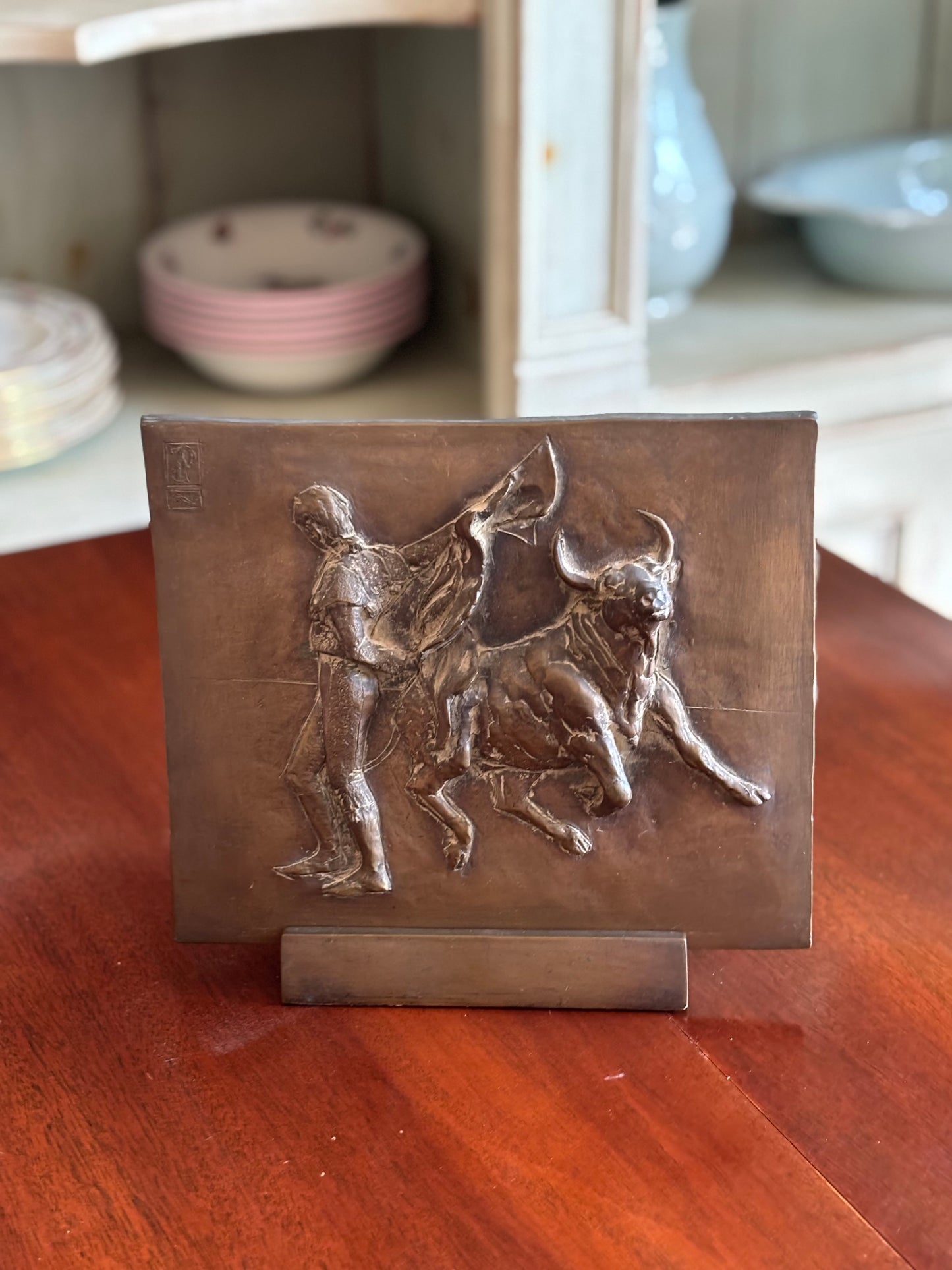 Mid-Century European Bronze Bullfighting Relief Plaque with Stand