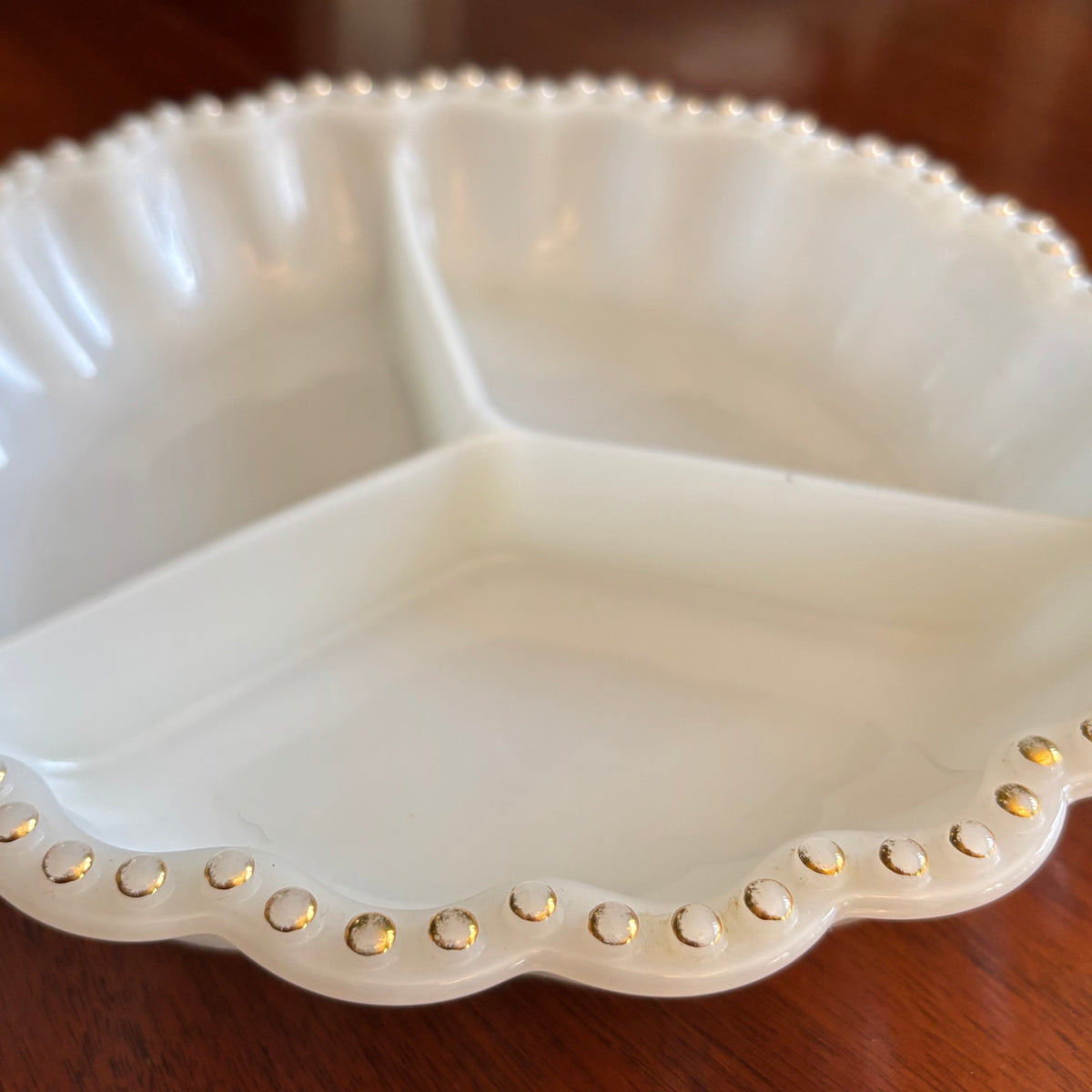 Vintage Anchor Hocking Fire-King Milk Glass Divided Relish Tray | Gold Beaded Rim | c. 1950s–1960s