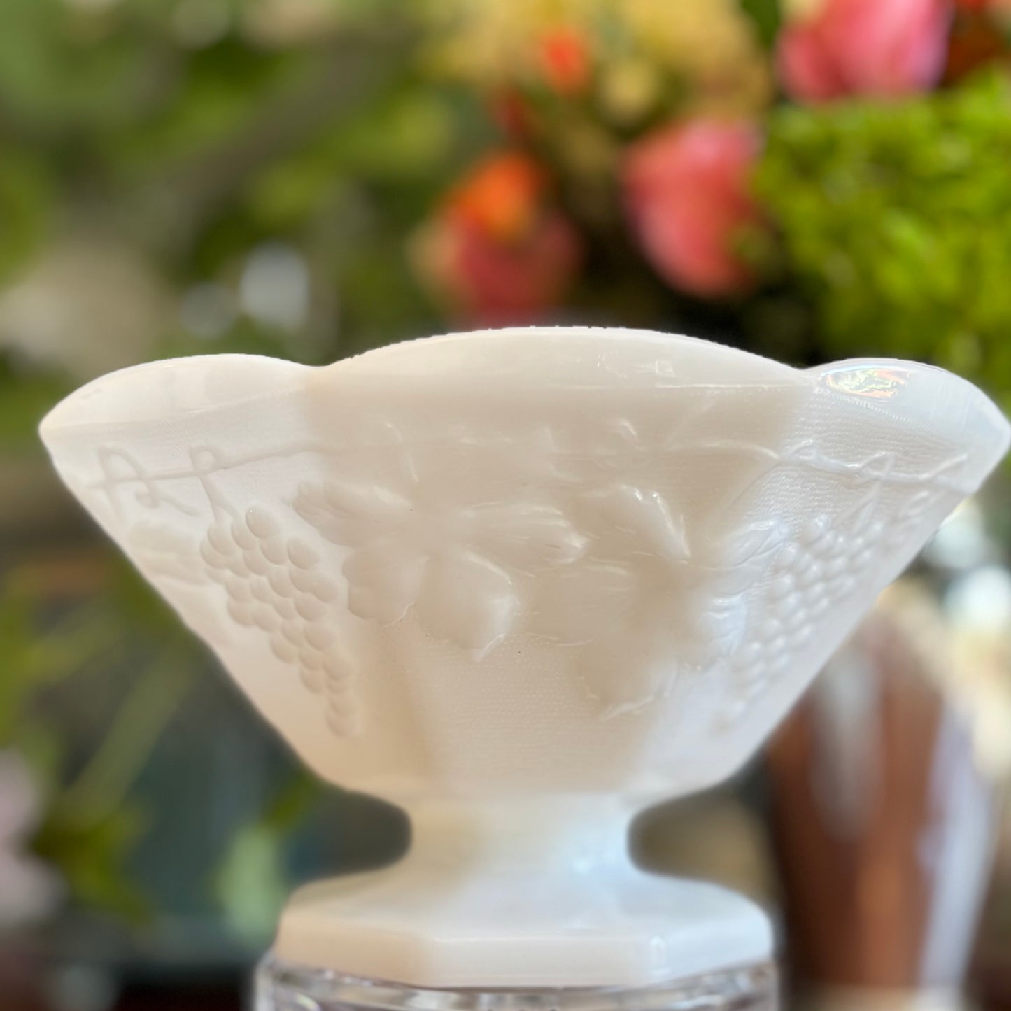 Vintage Milk Glass Grape Pattern Pedestal Compote Bowl