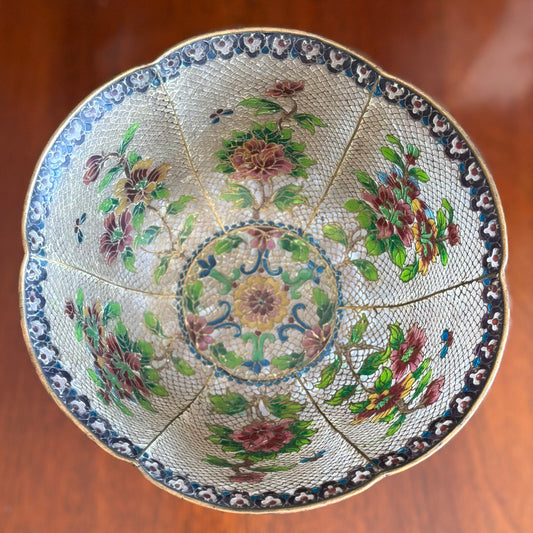 Vintage Cloisonné Enamel Bowl | Floral Panel Design with Cracked Ice Ground