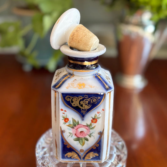 Vintage Porcelain Apothecary-Style Jar with Stopper | Cobalt, Hand-Painted Floral & Timeworn Gilt