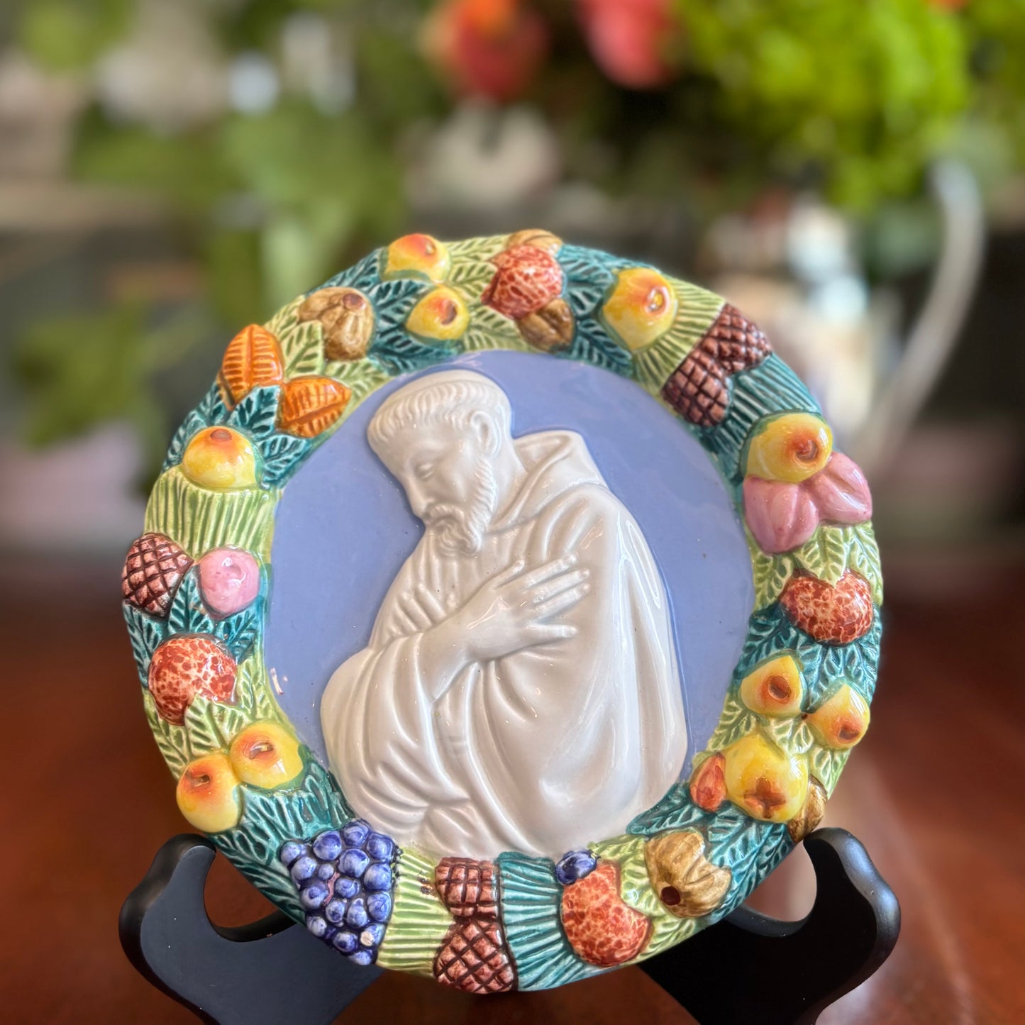 Vintage Niccacci Deruta Italian Wall Plaque | St. Francis Relief with Fruit Garland