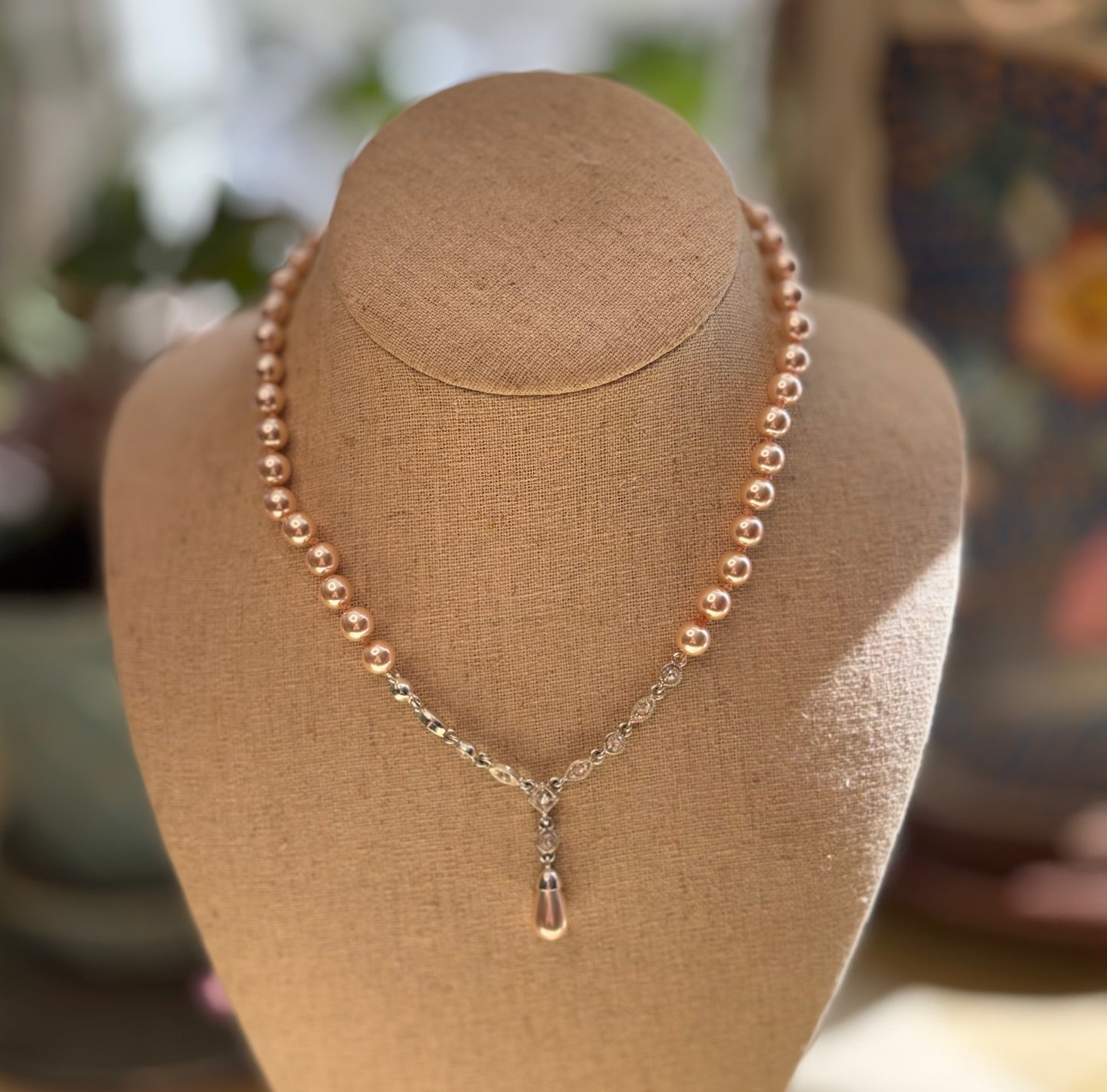 Vintage Champagne Faux Pearl Necklace with Rhinestone Drop Pendant