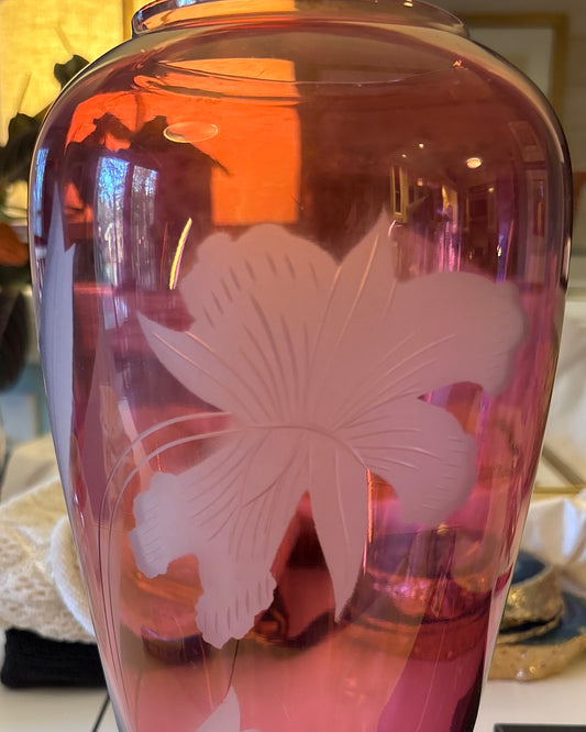 Vintage Cranberry Glass Iris Etched Vase | Ruby Art Glass Floral Vase | 11” Tall