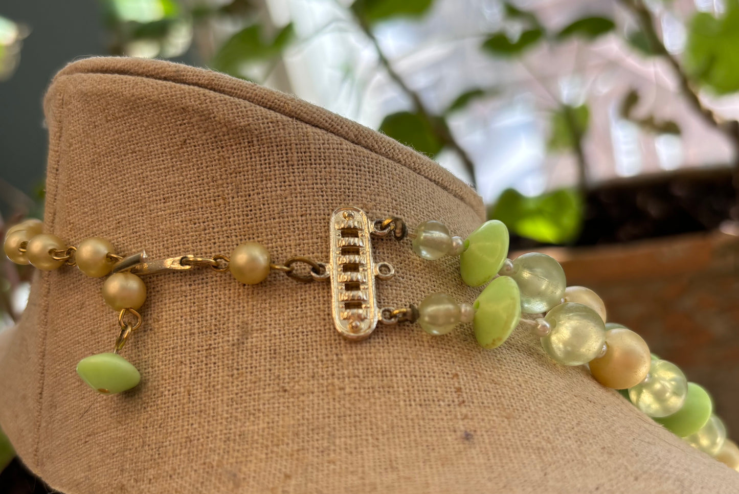 Vintage Mid-Century Double Strand Lucite Necklace – Celadon Green & Champagne Pearl Beads, Hong Kong
