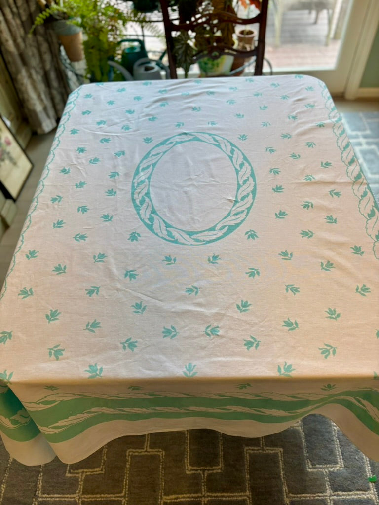 Vintage Mid-Century Teal Laurel Wreath Tablecloth Set | Graphic Border Cloth with 8 Matching Napkins