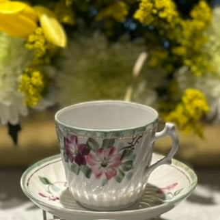 Vintage Japanese Hand-Painted Floral Teacup & Saucer Set | Mid-Century Porcelain with Gold Trim $28