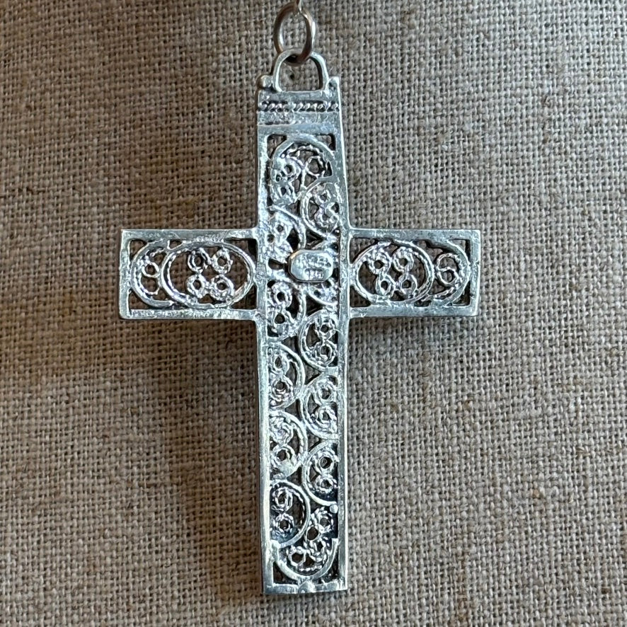Vintage Sterling Silver Filigree Cross Pendant | Green Cabochon | 925 Silver