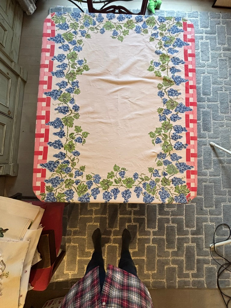 Vintage Tablecloth & Napkin Set | Red Lattice & Floral Border | Mid-Century Cotton | 56 x 72 with 8 Napkins