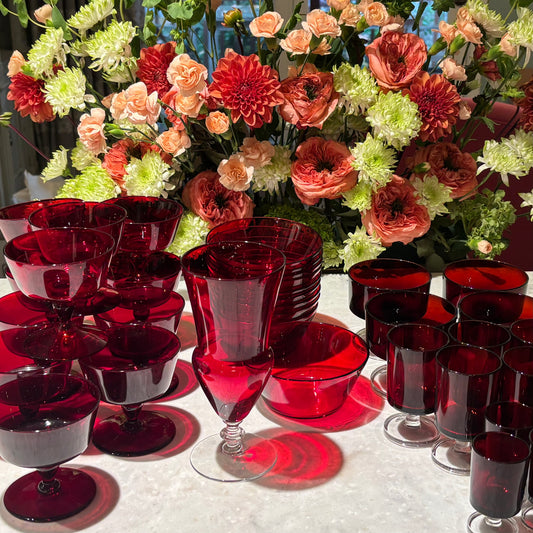 Vintage Ruby Red Glassware Lot 35 Pieces Arcoroc Luminarc Glasses Bowls Coupes Vase
