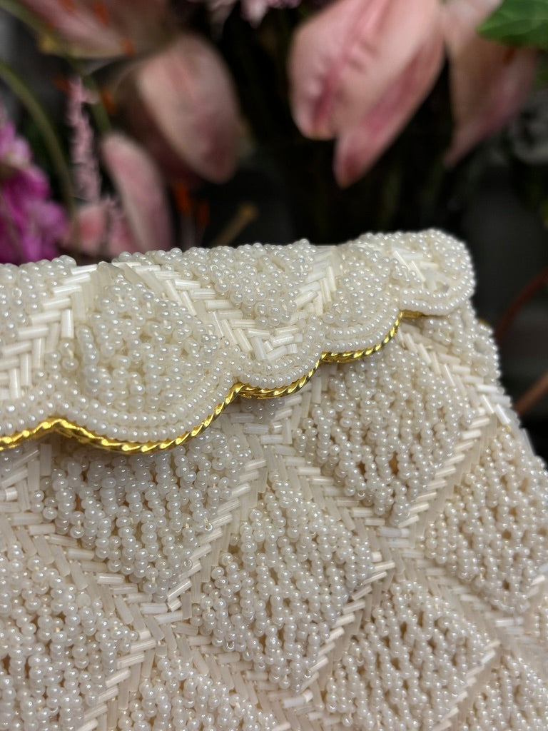 Vintage Ivory Beaded Evening Bag | Bugle Bead Chevron Pattern | Scalloped Pearl Flap | Mid-Century Formal Purse